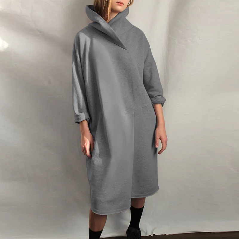 Asymmetrical Stand Collor Loose Midi Whholesale Sweatshirt Dress