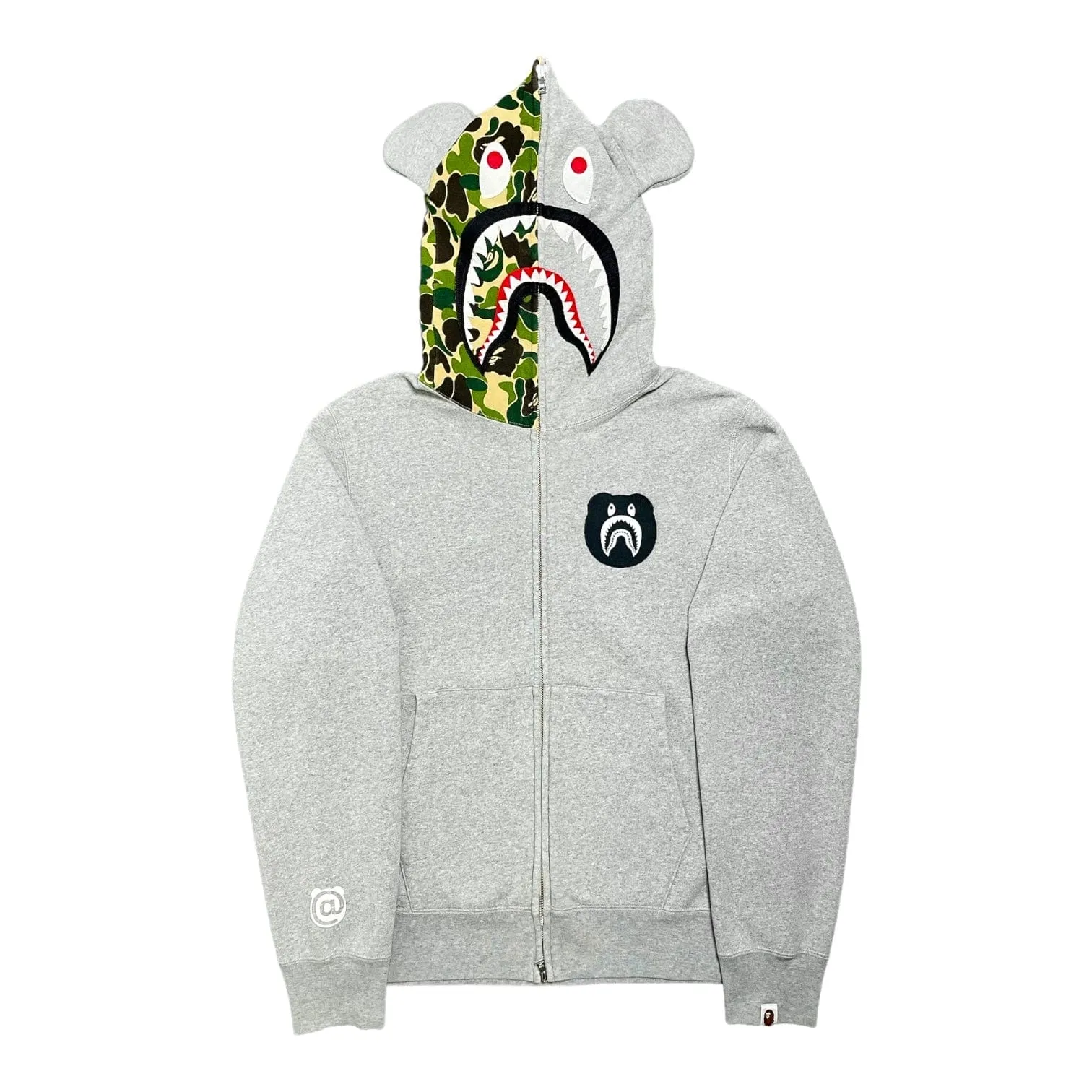 BAPE Medicom Toy Half Camo Shark Bear Full Zip Hooded Sweatshirt Grey Pre-Owned