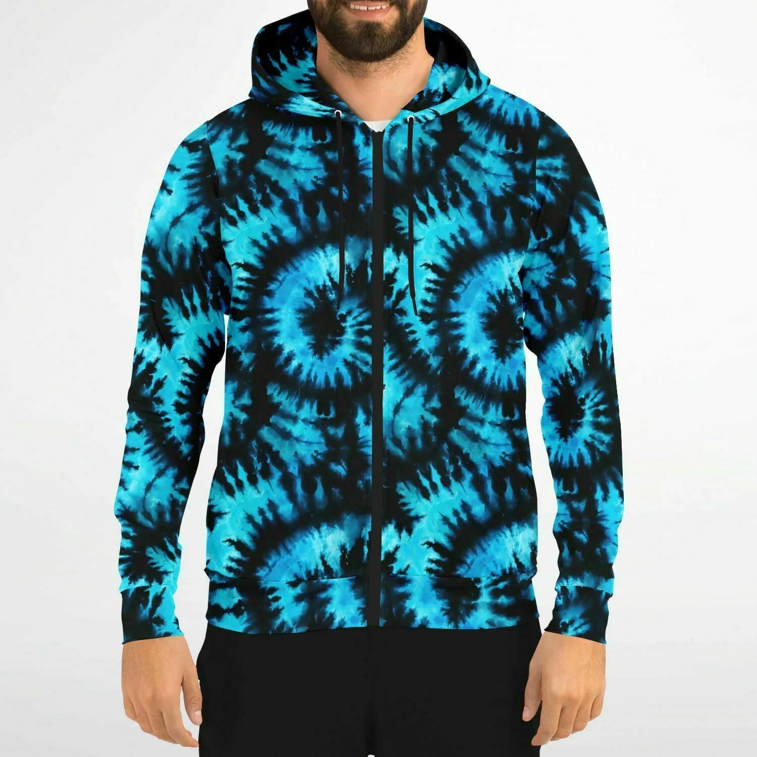 Black Blue Tie Dye Zip Up Hoodie, Front Zipper Pocket Men Women Unisex Adult Aesthetic Graphic Cotton Fleece Hooded Sweatshirt