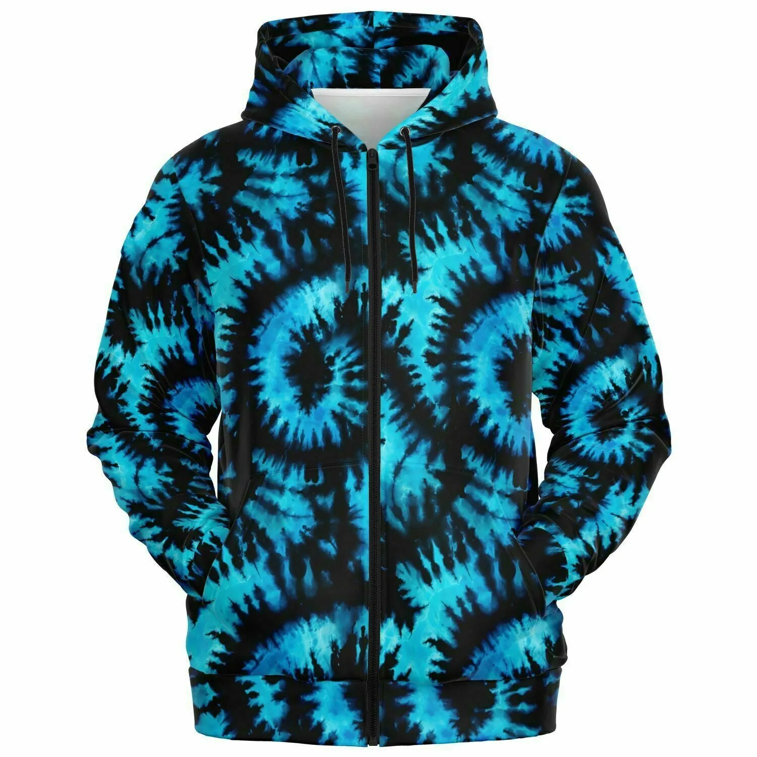 Black Blue Tie Dye Zip Up Hoodie, Front Zipper Pocket Men Women Unisex Adult Aesthetic Graphic Cotton Fleece Hooded Sweatshirt