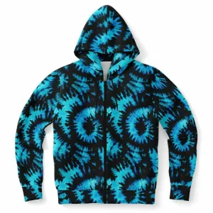 Black Blue Tie Dye Zip Up Hoodie, Front Zipper Pocket Men Women Unisex Adult Aesthetic Graphic Cotton Fleece Hooded Sweatshirt