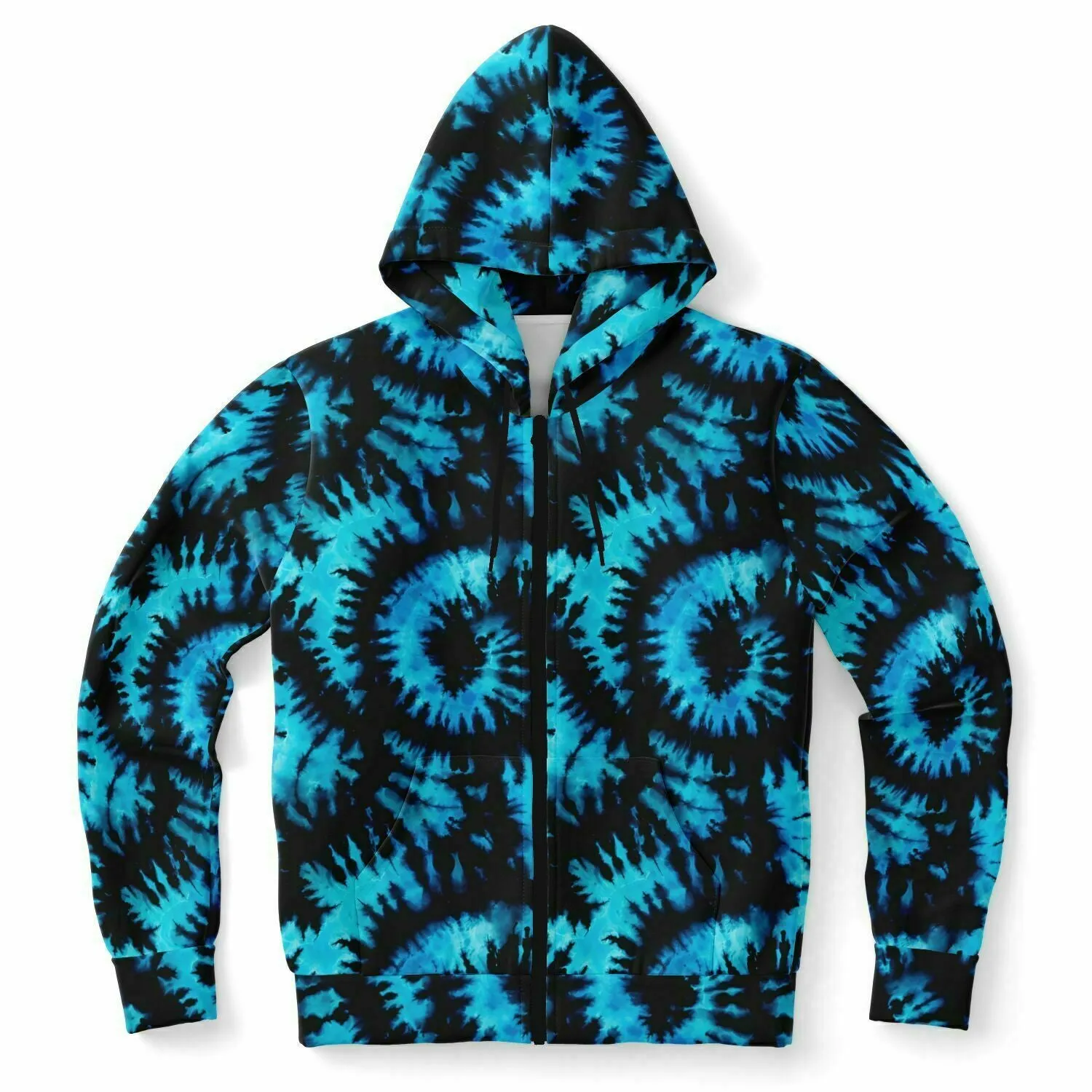 Black Blue Tie Dye Zip Up Hoodie, Front Zipper Pocket Men Women Unisex Adult Aesthetic Graphic Cotton Fleece Hooded Sweatshirt