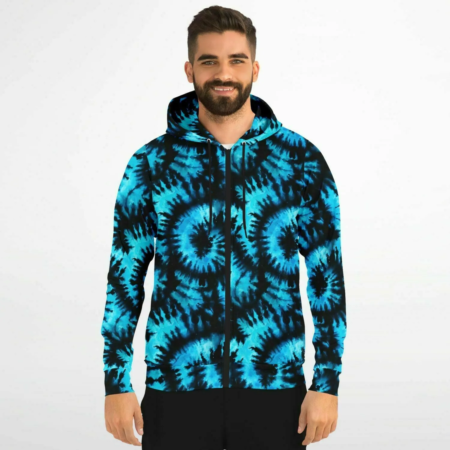 Black Blue Tie Dye Zip Up Hoodie, Front Zipper Pocket Men Women Unisex Adult Aesthetic Graphic Cotton Fleece Hooded Sweatshirt