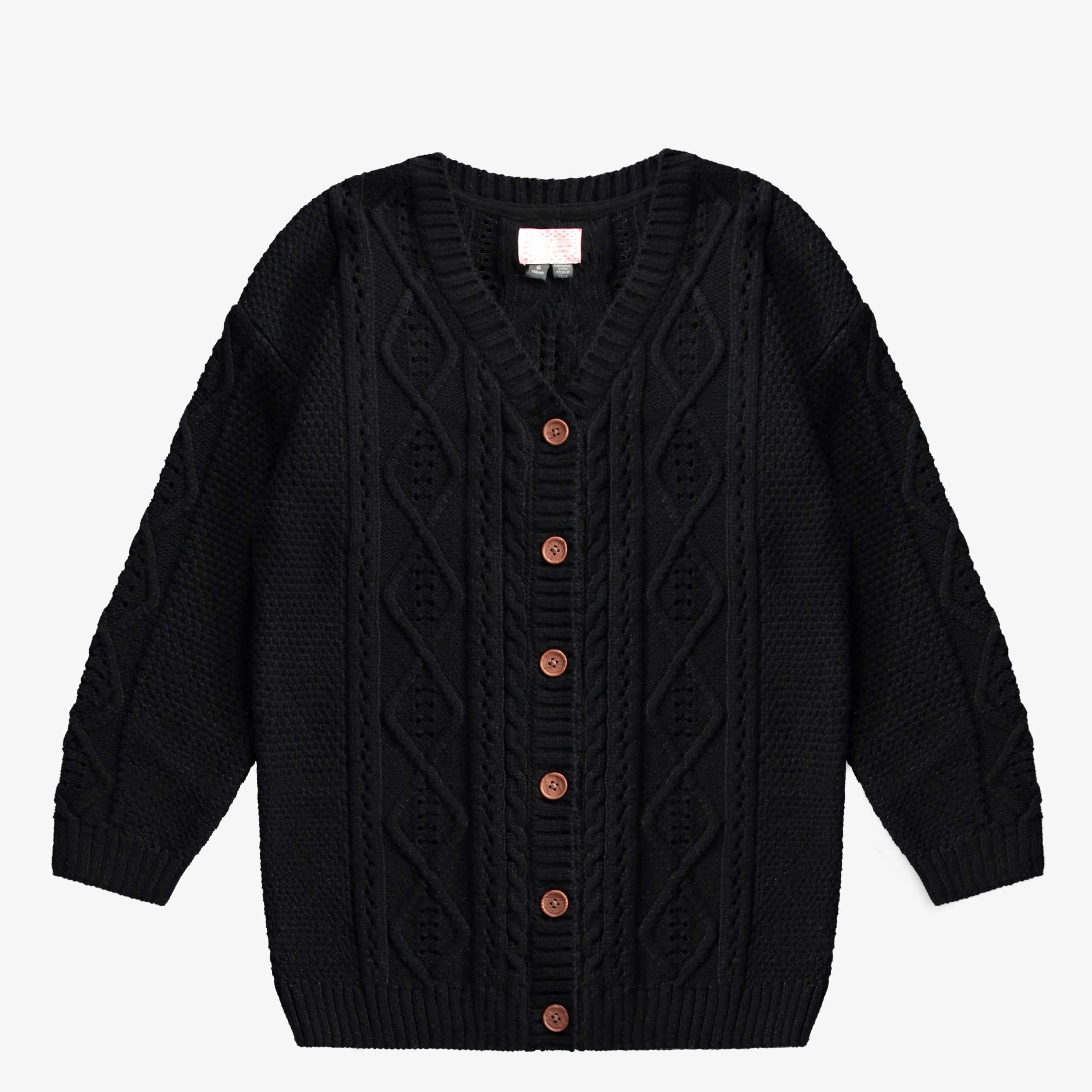 Cardigan en tricot noire à motif tressé en imitation cachemire, enfant || Black knitted cardigan with braided pattern in imitation cashmere, child