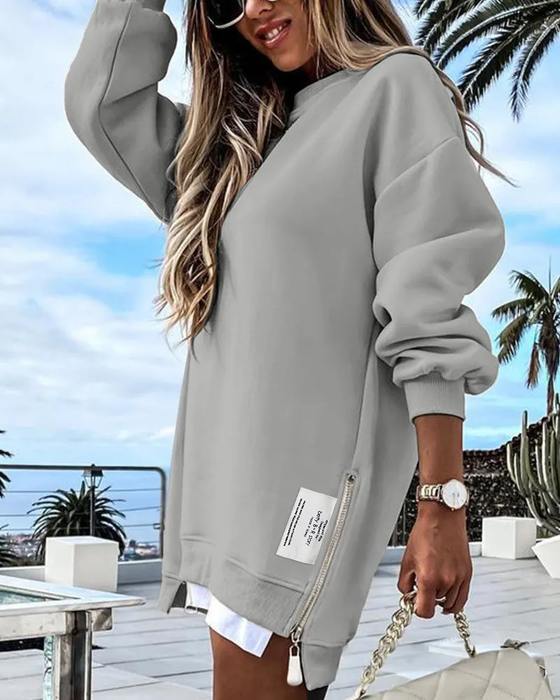 Casual Long Sleeve Zipper Slit Oversized Sweatshirt