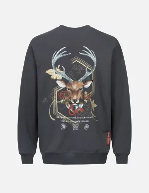 Deer and Cloud-pattern Logo Print Loose Fit Sweatshirt