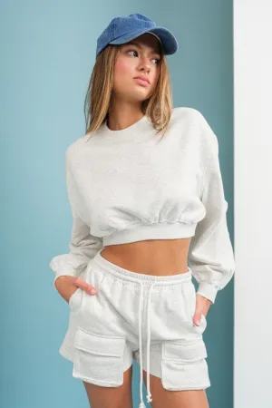 Emilia Cropped Balloon Sweatshirt and Shorts with Pockets White Melange