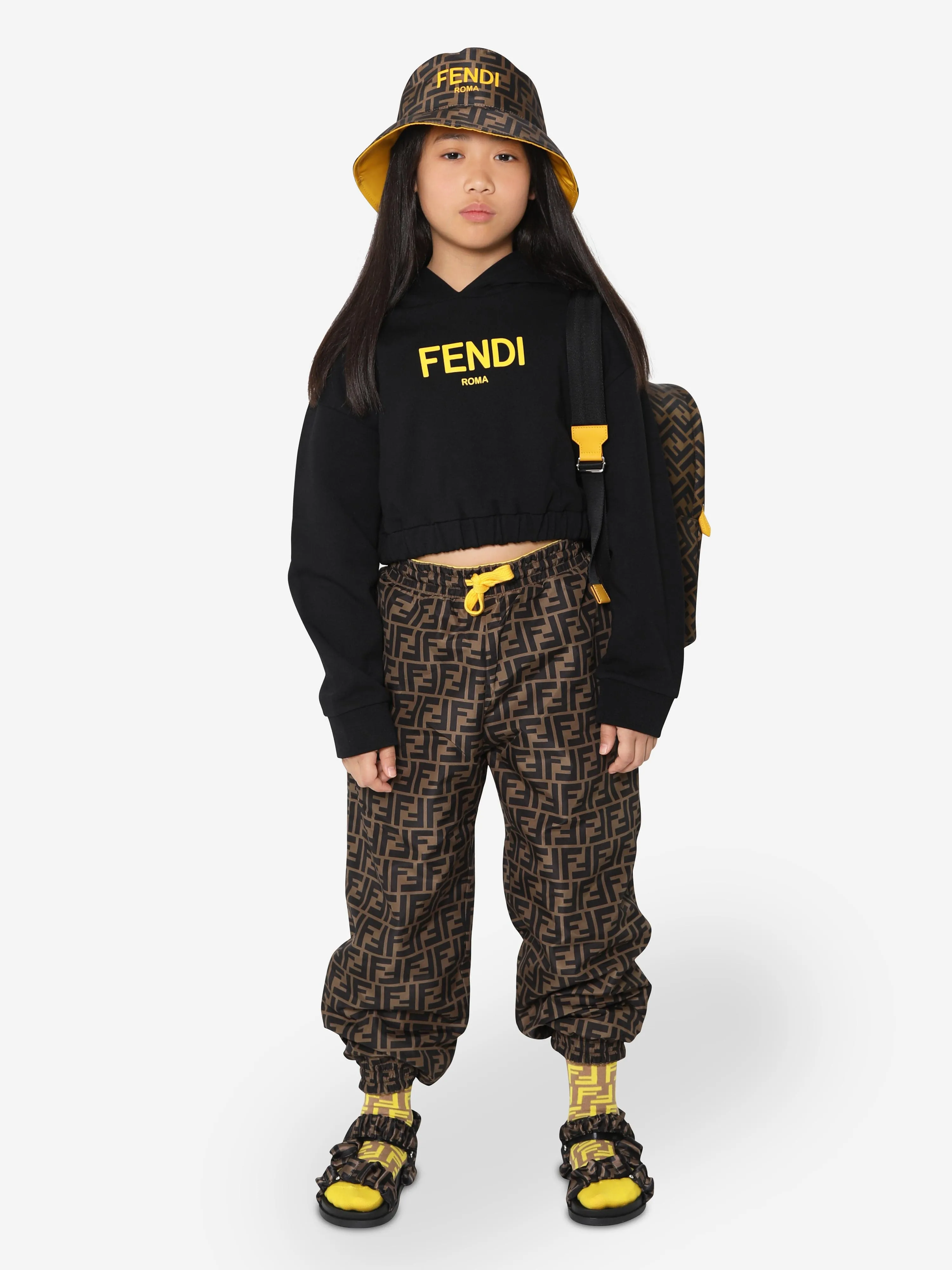 Fendi Girls Cropped Logo Hooded Sweatshirt in Black