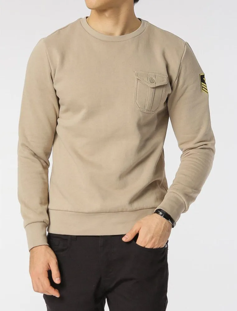 Fiction Crew Neck Military Sweatshirt with Aviator Badge in Mushroom