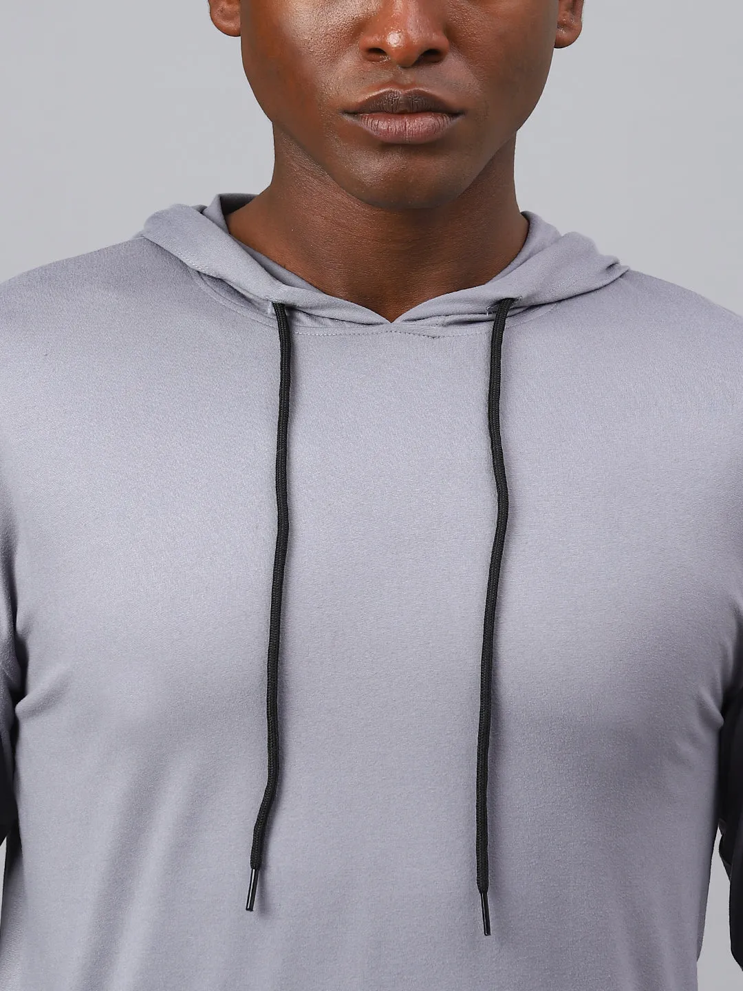 Fitkin men's grey plain full sleeves hooded t-shirt