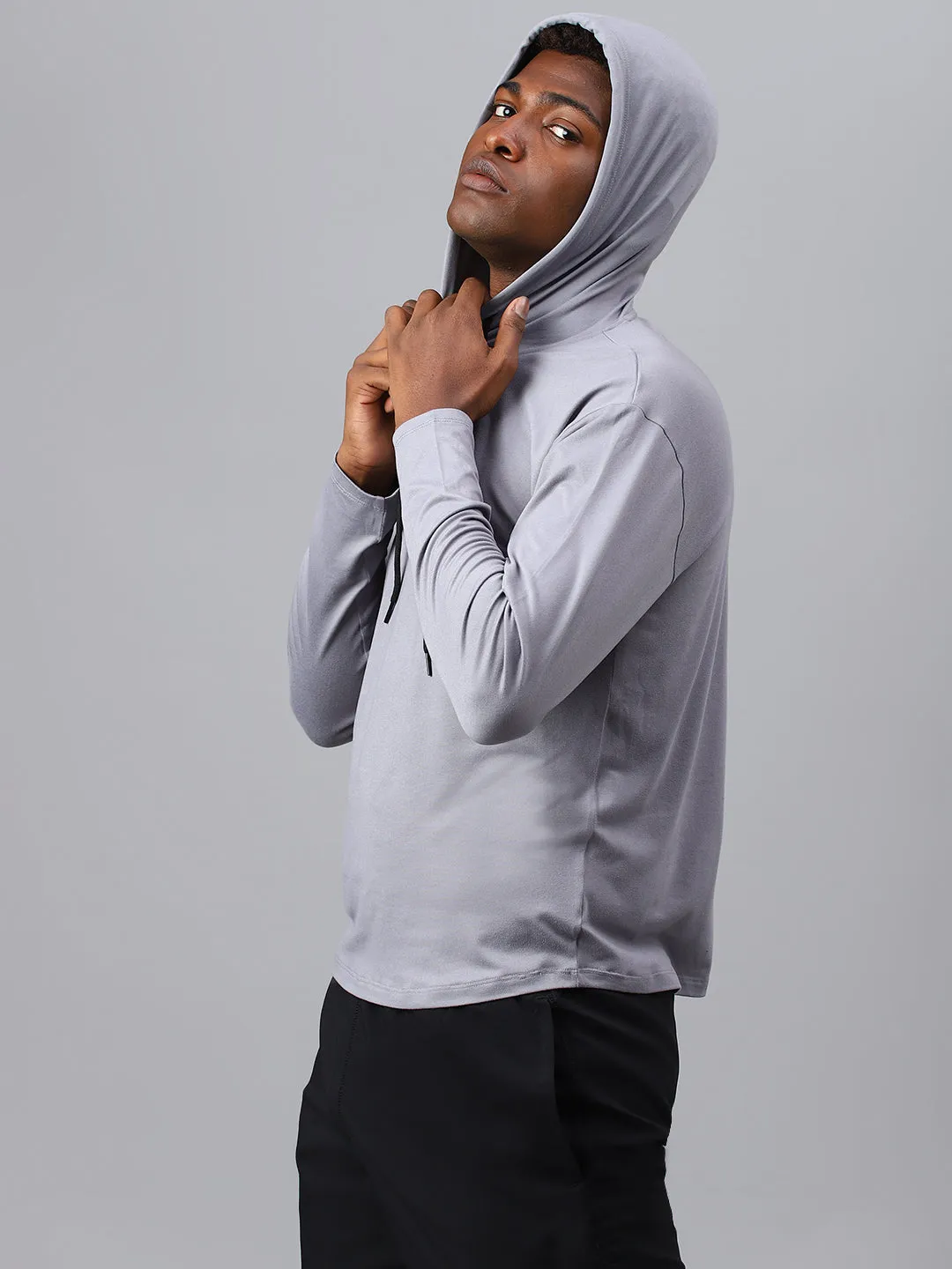 Fitkin men's grey plain full sleeves hooded t-shirt