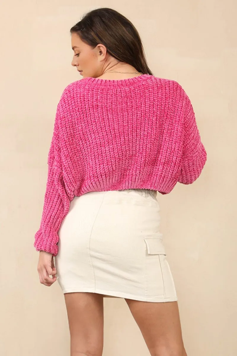 Fuschia Slouchy Knit Solid Crew Neck Drop Shoulder Cropped Pullover