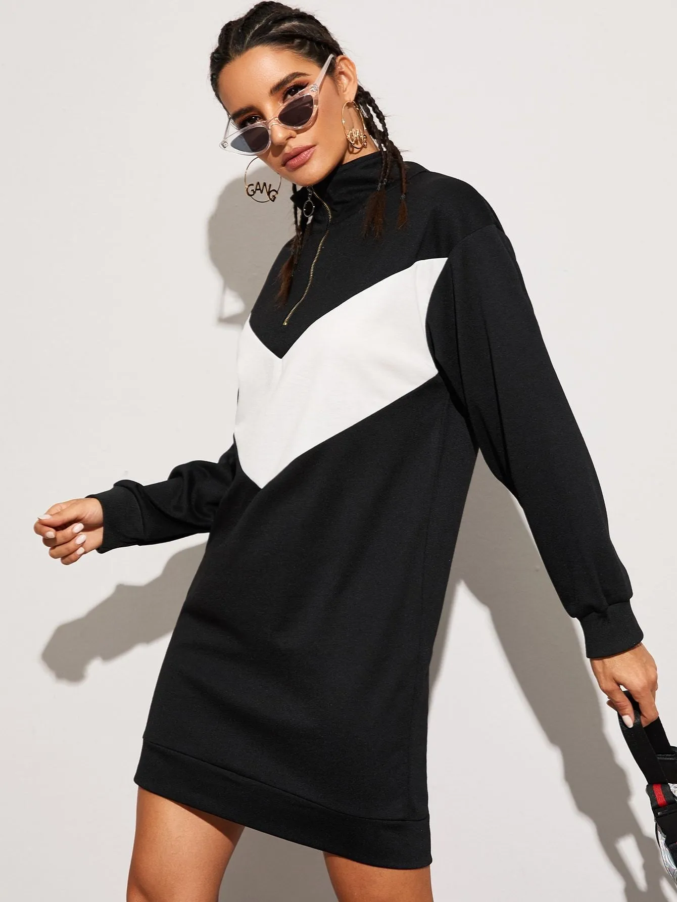 Half Zip Chevron Print Sweatshirt Dress