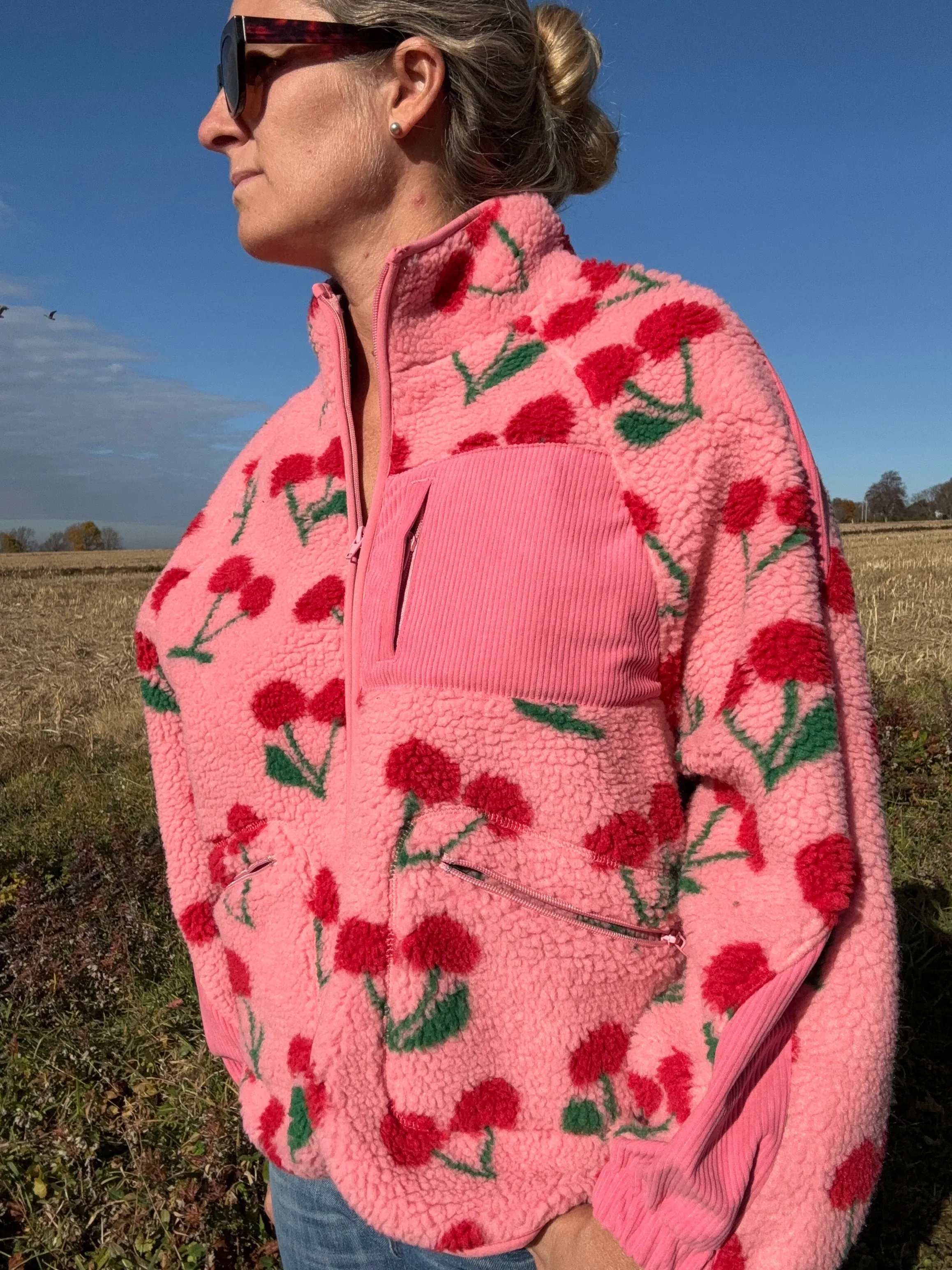 High Neck Cherry Zip fleece top-Pink