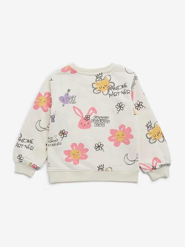 HOP Kids Off-White Graphic Printed Cotton Blend Sweatshirt