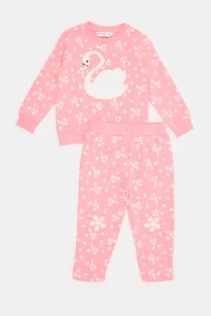 Infant Girls Pink Printed Jogging Suit (2 Piece)