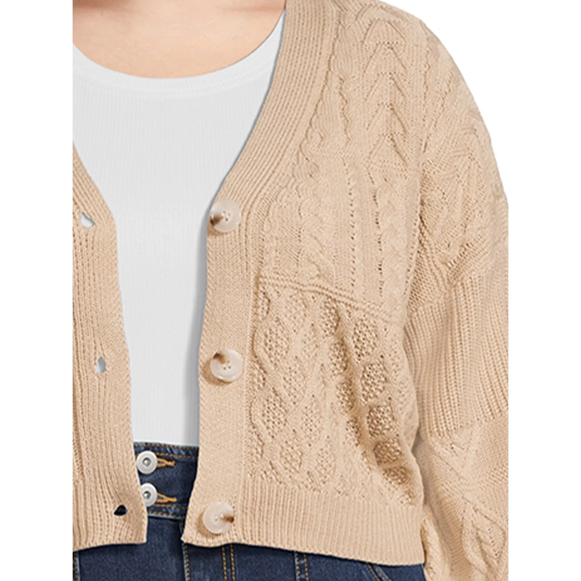 Juniors Plus Size Mixed Knit Cardigan Sweater