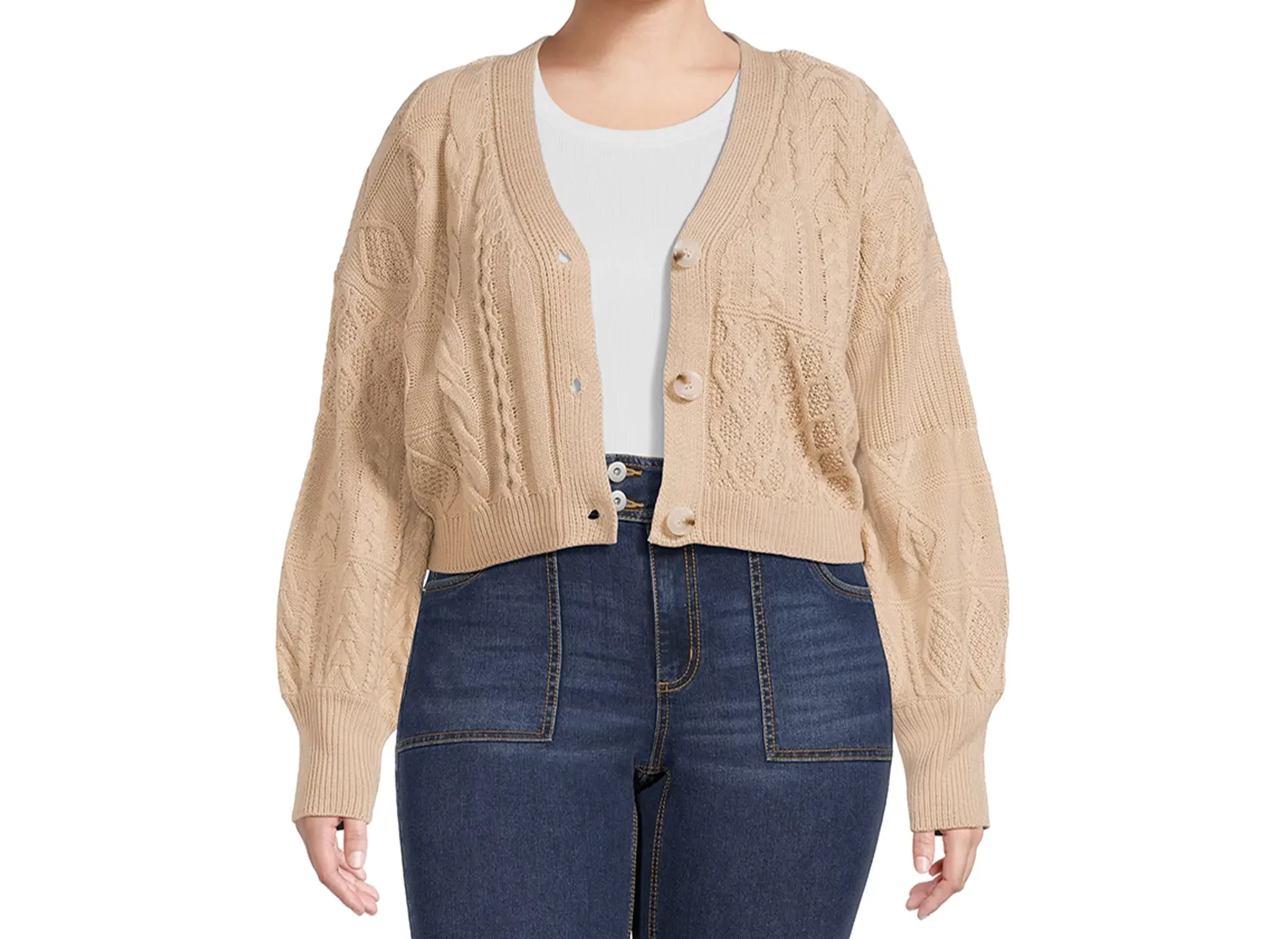 Juniors Plus Size Mixed Knit Cardigan Sweater