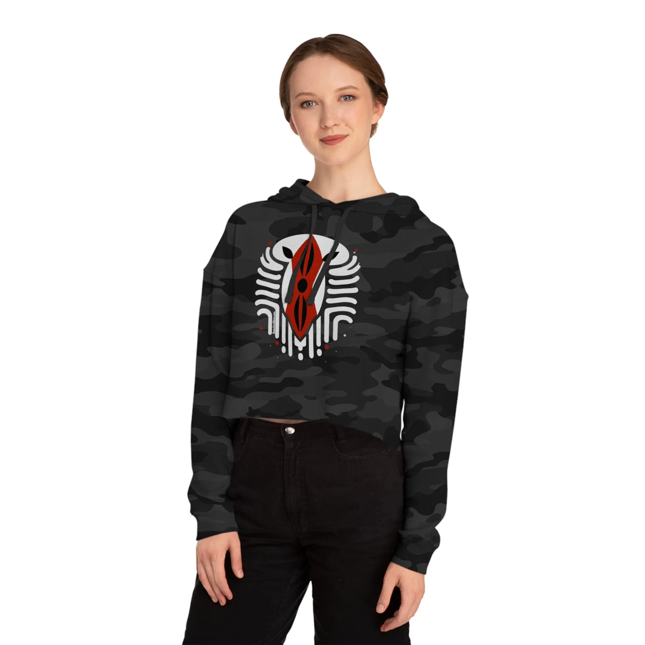 Kenyan Abstract Shield Women’s Cropped Hooded Sweatshirt white on dark