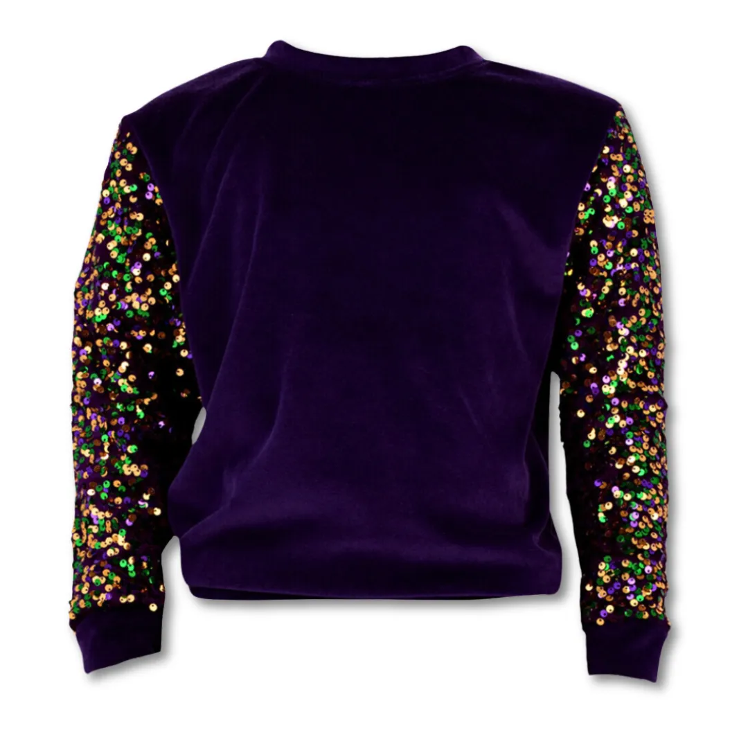 Kids Purple Velour Sweatshirt with Mardi Gras Sequin Sleeves (Each)