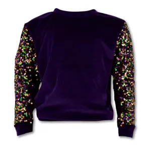 Kids Purple Velour Sweatshirt with Mardi Gras Sequin Sleeves (Each)