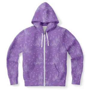 Lavender Zip Up Hoodie, Floral Flowers Purple Front Zipper Pocket Men Women Unisex Adult Aesthetic Graphic Cotton Fleece Hooded Sweatshirt