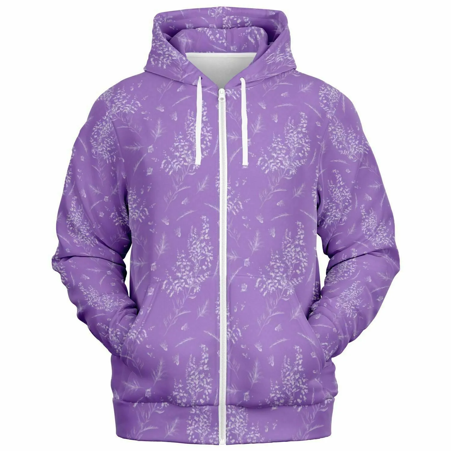 Lavender Zip Up Hoodie, Floral Flowers Purple Front Zipper Pocket Men Women Unisex Adult Aesthetic Graphic Cotton Fleece Hooded Sweatshirt