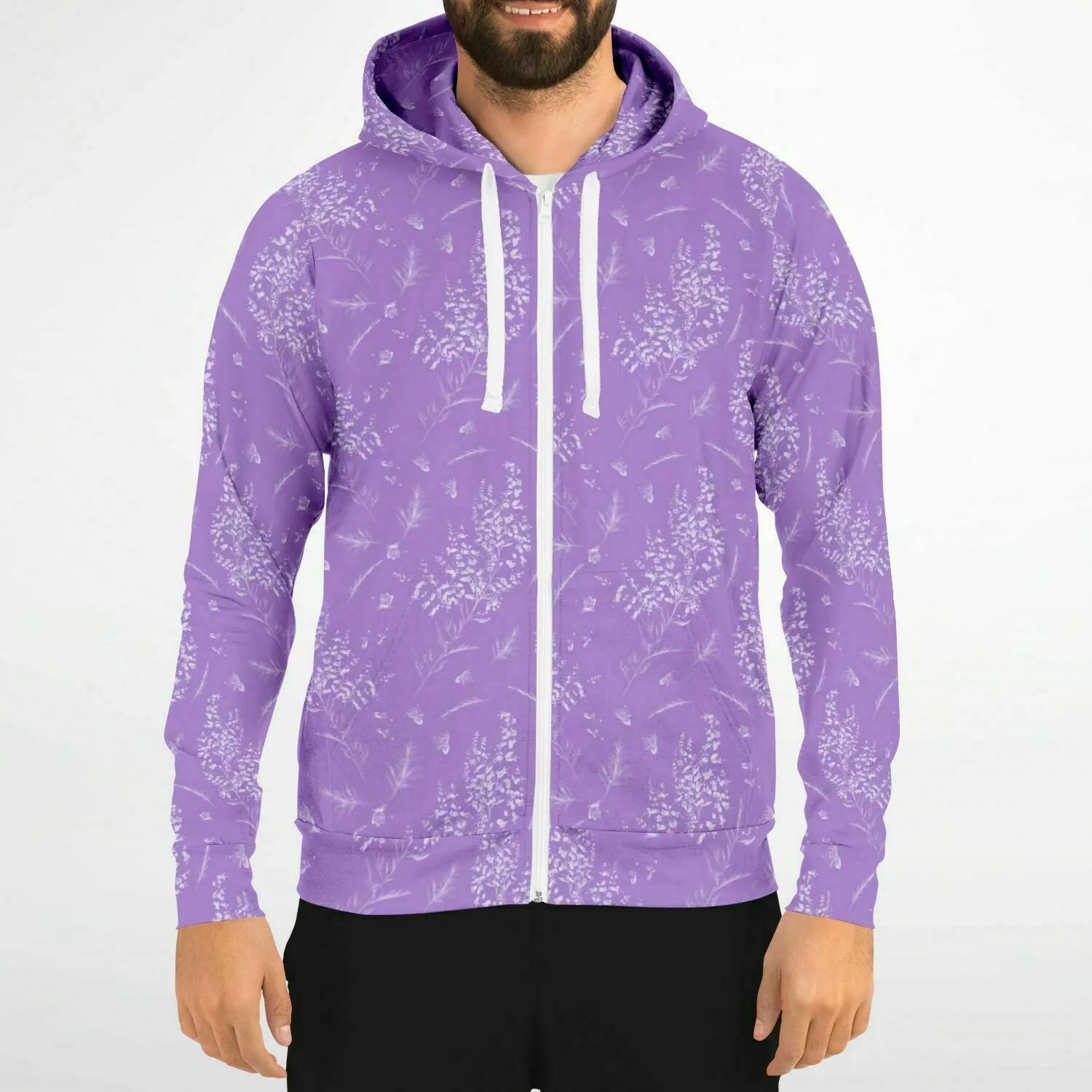 Lavender Zip Up Hoodie, Floral Flowers Purple Front Zipper Pocket Men Women Unisex Adult Aesthetic Graphic Cotton Fleece Hooded Sweatshirt