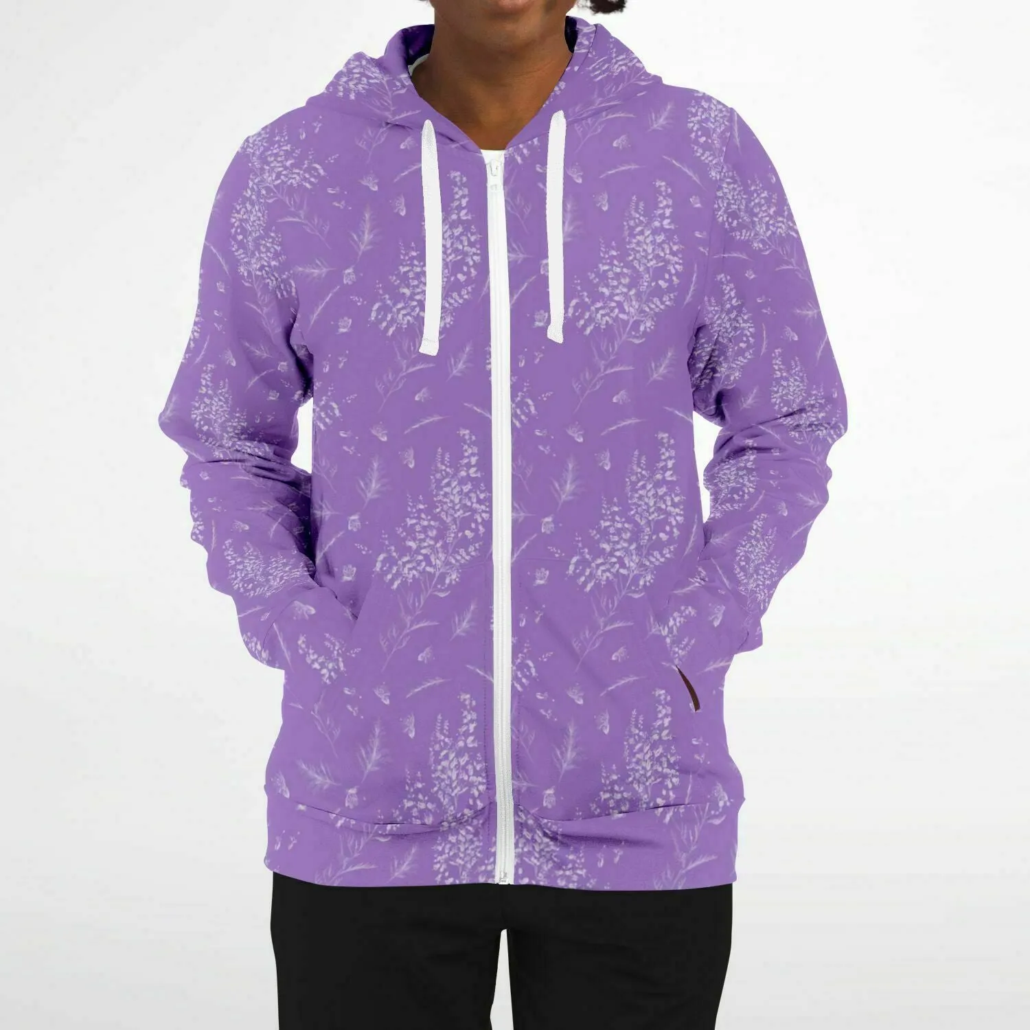 Lavender Zip Up Hoodie, Floral Flowers Purple Front Zipper Pocket Men Women Unisex Adult Aesthetic Graphic Cotton Fleece Hooded Sweatshirt