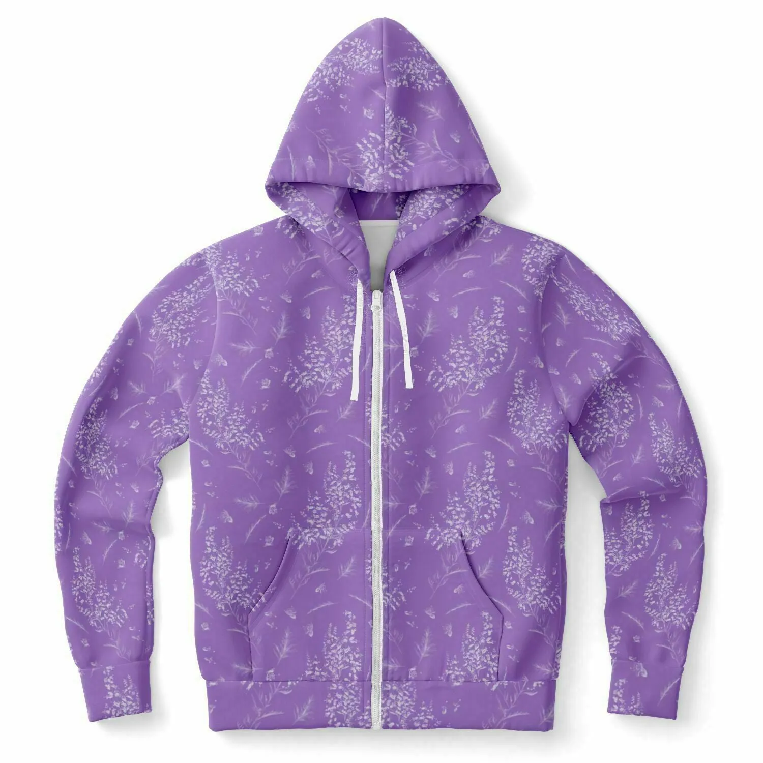 Lavender Zip Up Hoodie, Floral Flowers Purple Front Zipper Pocket Men Women Unisex Adult Aesthetic Graphic Cotton Fleece Hooded Sweatshirt