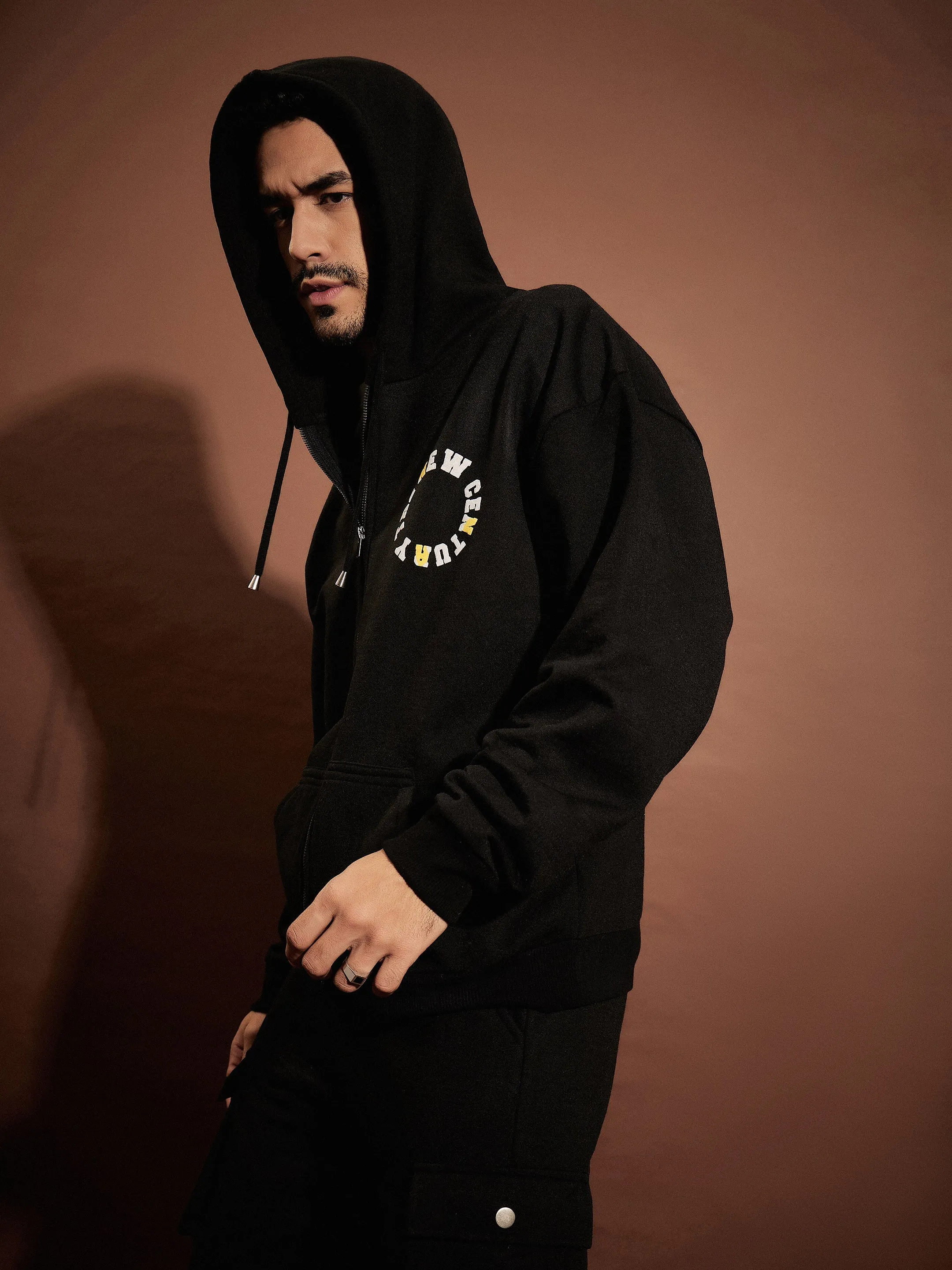 Men Black CENTURY Oversized Zipper Hoodie