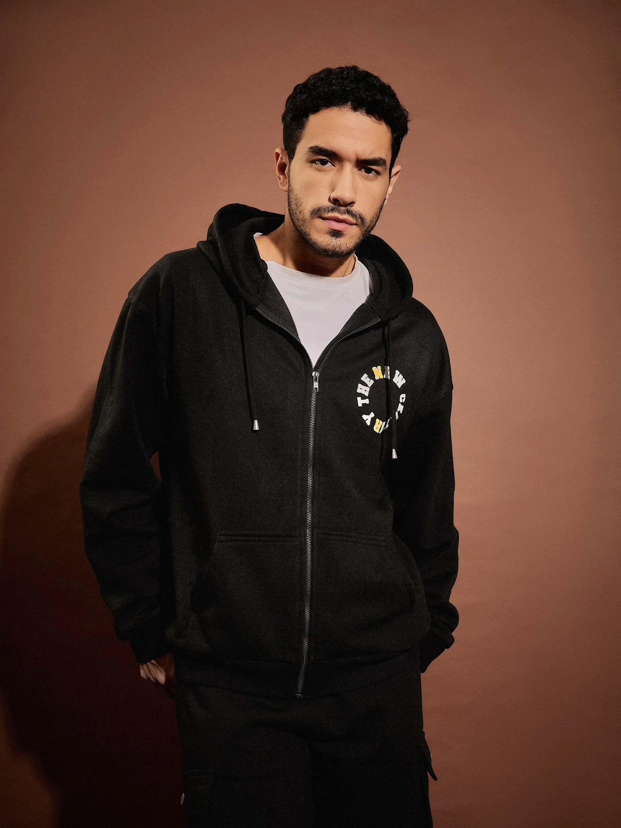 Men Black CENTURY Oversized Zipper Hoodie