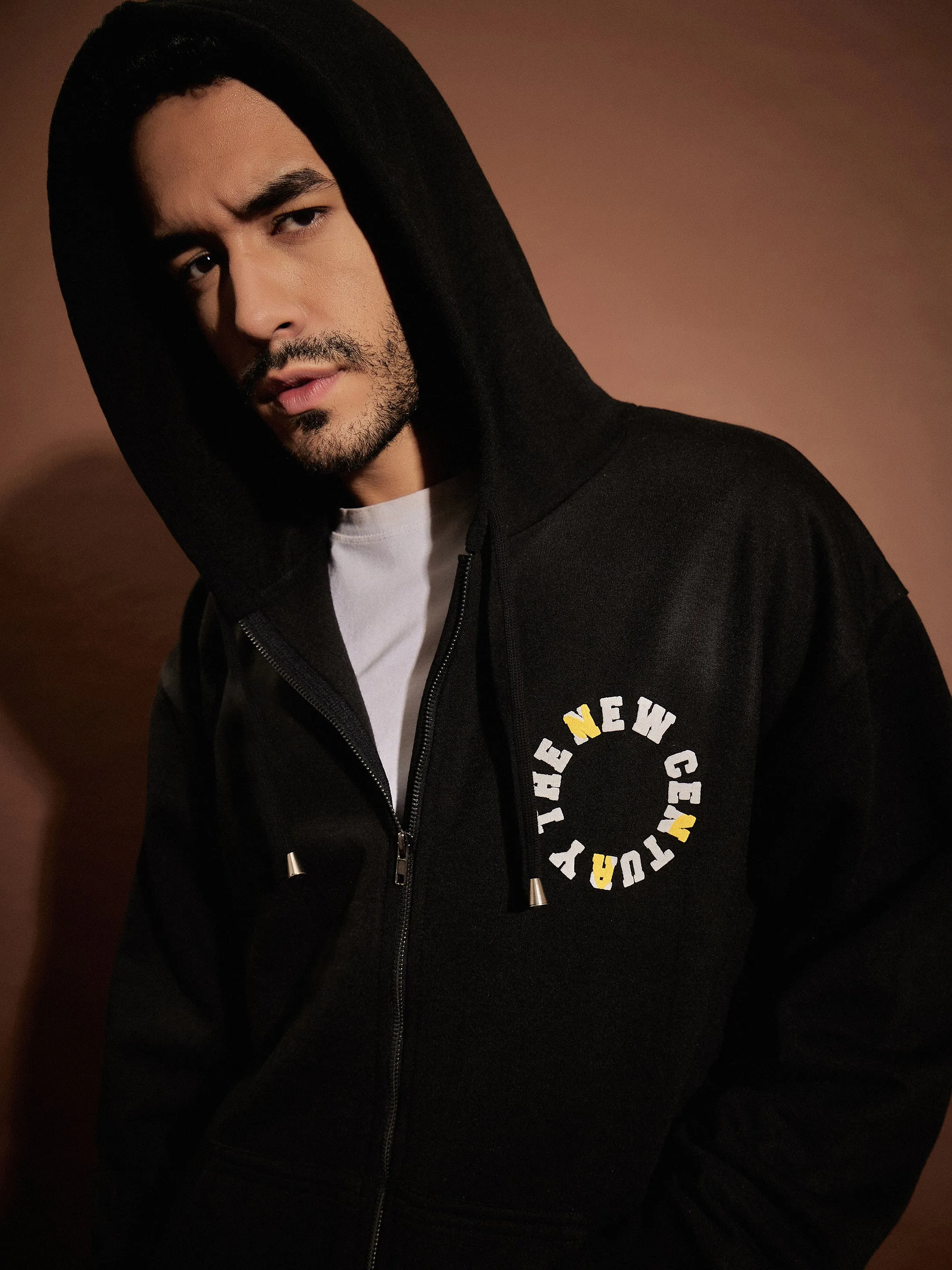 Men Black CENTURY Oversized Zipper Hoodie