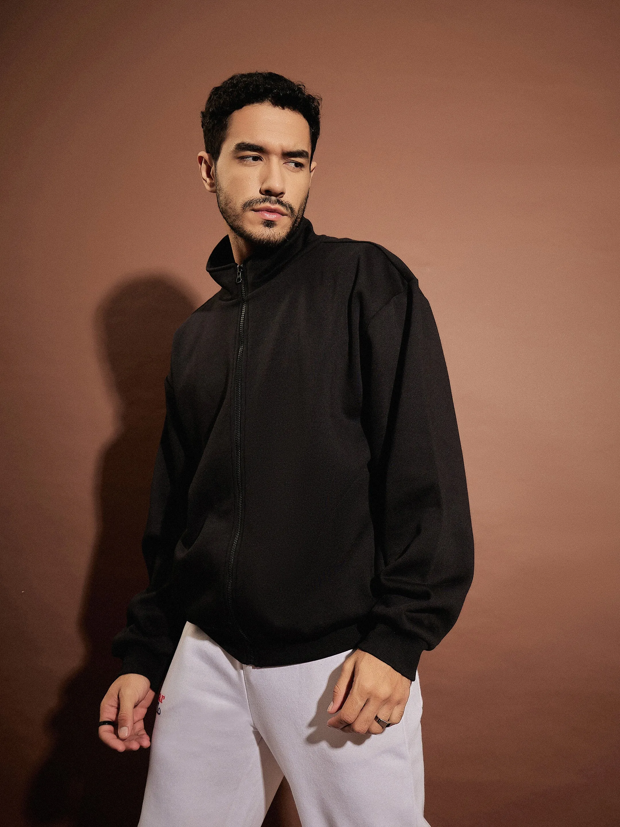 Men Black Front Zipper Oversized Sweatshirt