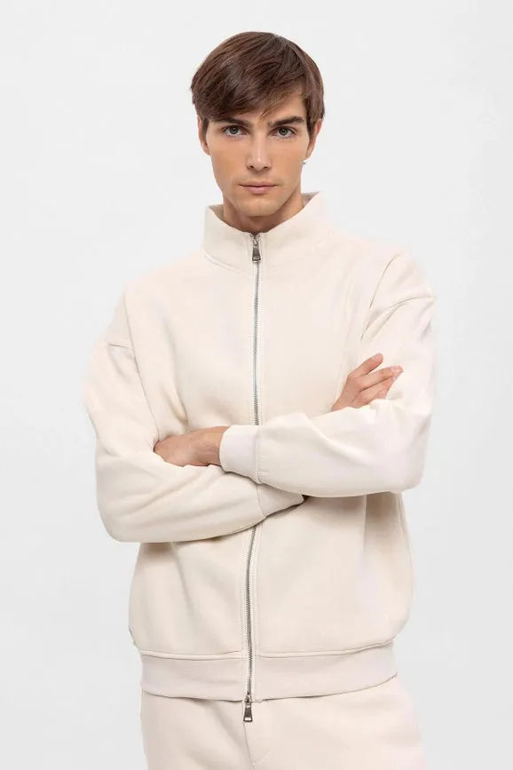 Men's Beige High Collar Double Zipper Closure Sweatshirt