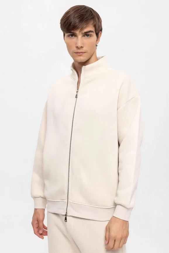 Men's Beige High Collar Double Zipper Closure Sweatshirt