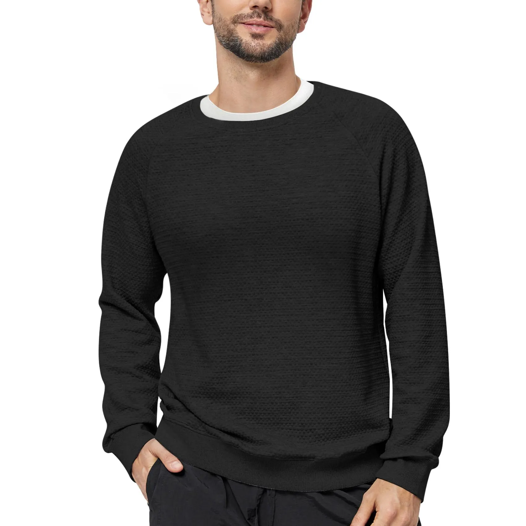 Men's Crewneck Sweatshirt Soild Texture Casual Knitted Pullover Sweater Soft Warm Lightweight Long Sleeve Shirt