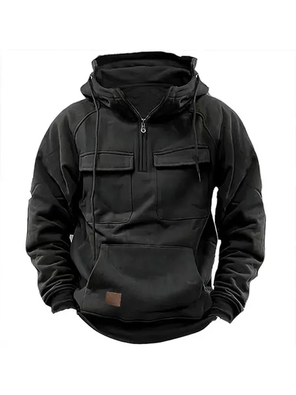 Men's hooded solid color sports multi-pocket leather sweatshirt jacket