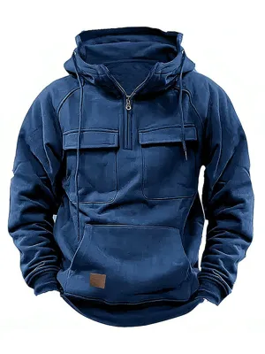 Men's hooded solid color sports multi-pocket leather sweatshirt jacket