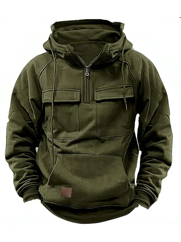 Men's hooded solid color sports multi-pocket leather sweatshirt jacket