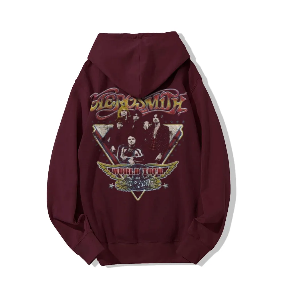 Mens  Vintage Aerosmith World Tour Darkness Style Graphic Pullover With Kangaroo Pocket Hoodies