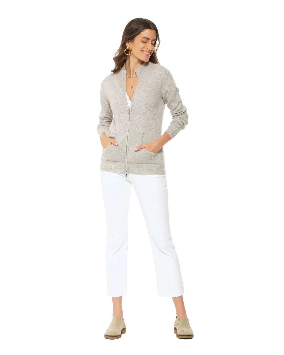 Oprah Daily - Women's Cashmere Zip Cardigan Light Grey