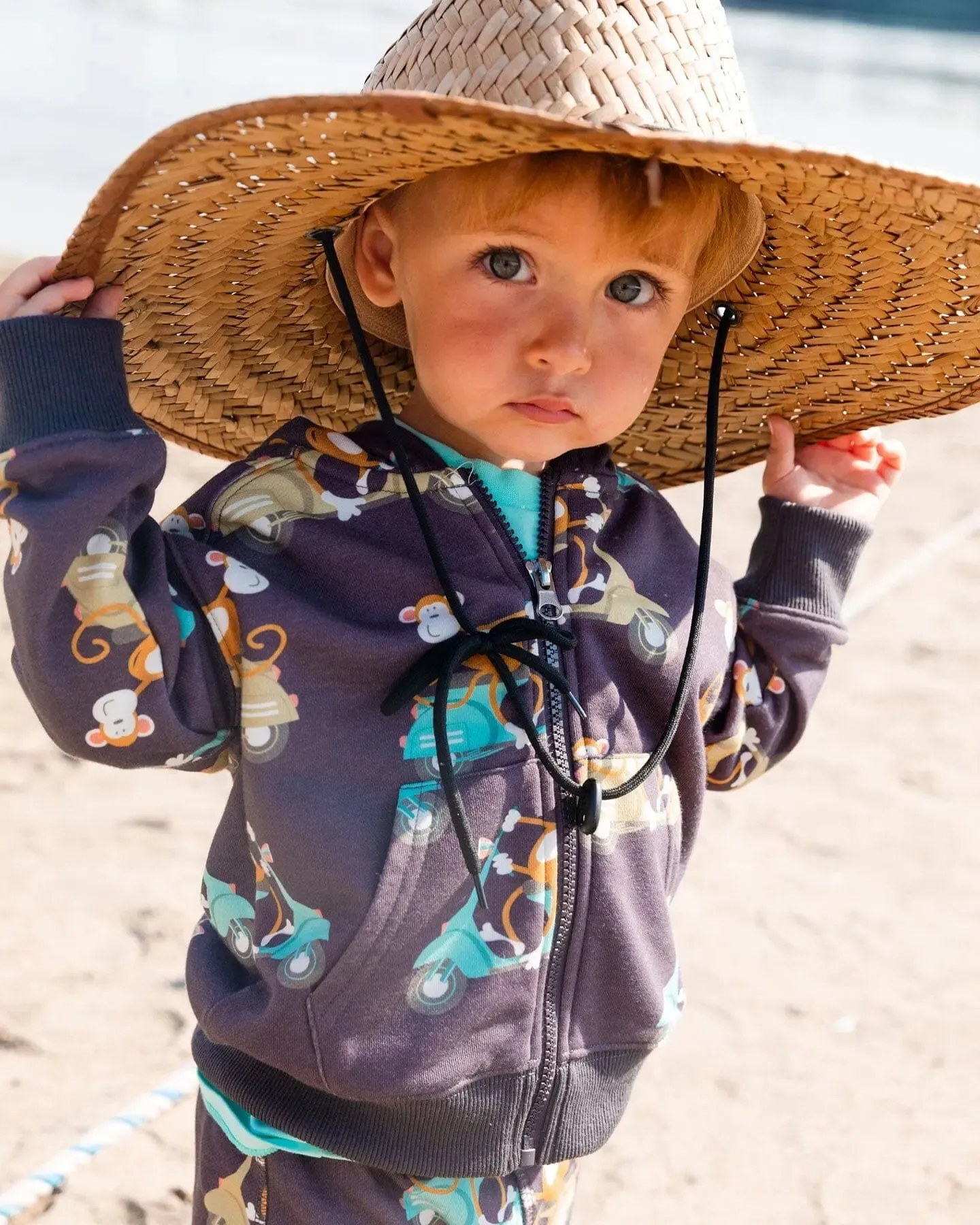 Printed French Terry Hooded Full Zip Cardigan Sweatshirt Monkey On Navy Moped