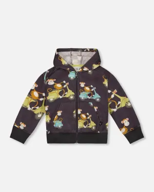 Printed French Terry Hooded Full Zip Cardigan Sweatshirt Monkey On Navy Moped