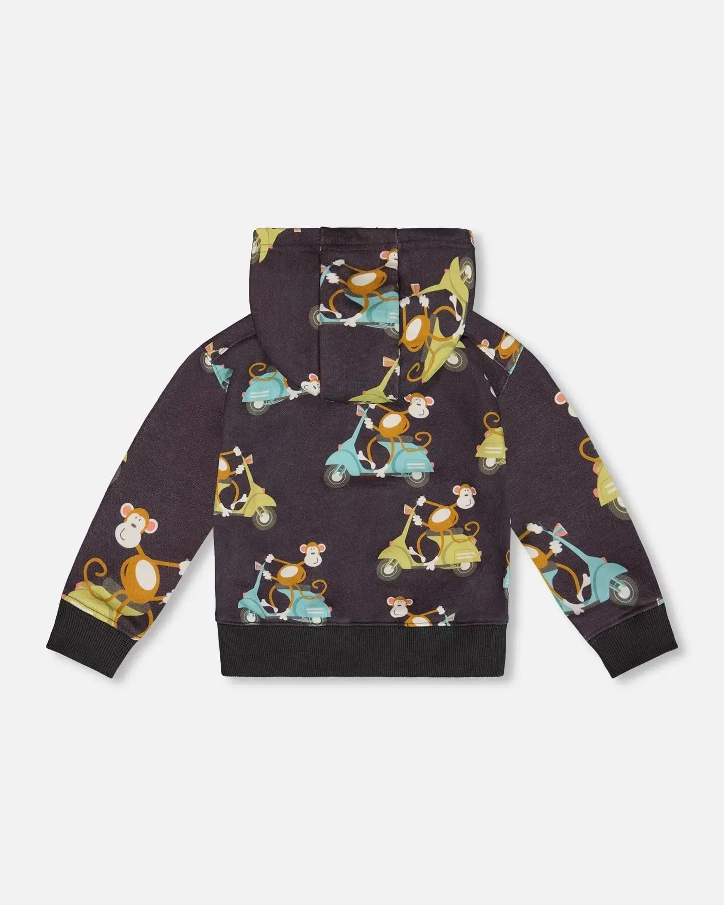 Printed French Terry Hooded Full Zip Cardigan Sweatshirt Monkey On Navy Moped