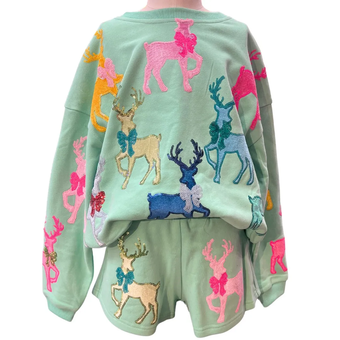 Queen of Sparkles KIDS Velvet Reindeer & Bows Sweatshirt - Mint Green