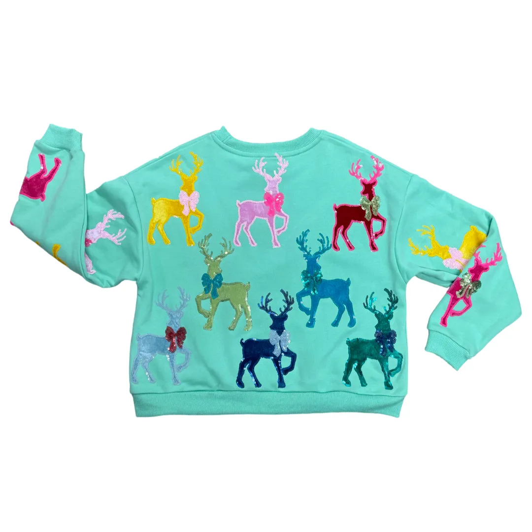 Queen of Sparkles KIDS Velvet Reindeer & Bows Sweatshirt - Mint Green