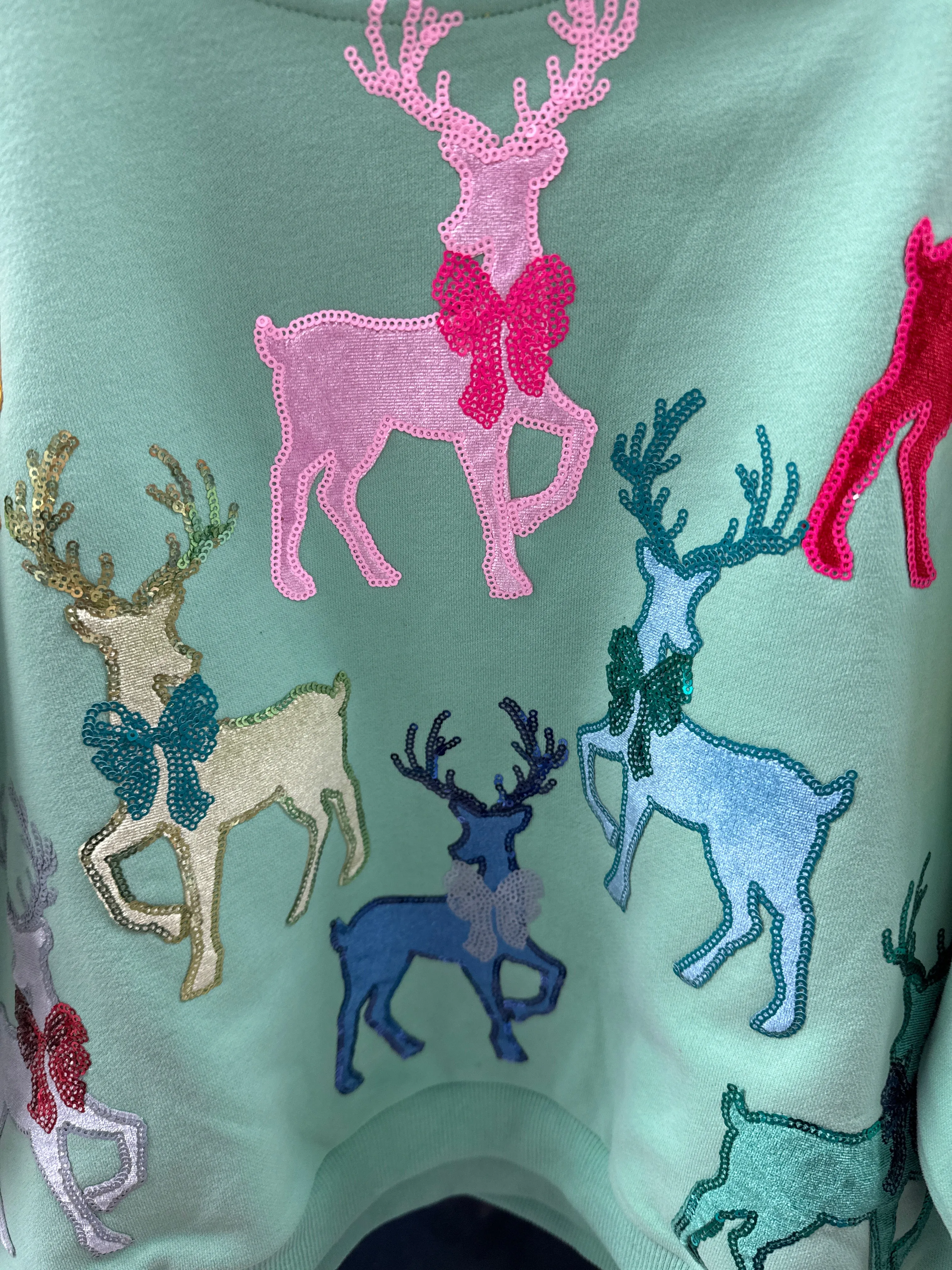 Queen of Sparkles KIDS Velvet Reindeer & Bows Sweatshirt - Mint Green