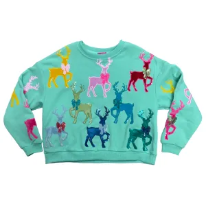 Queen of Sparkles KIDS Velvet Reindeer & Bows Sweatshirt - Mint Green