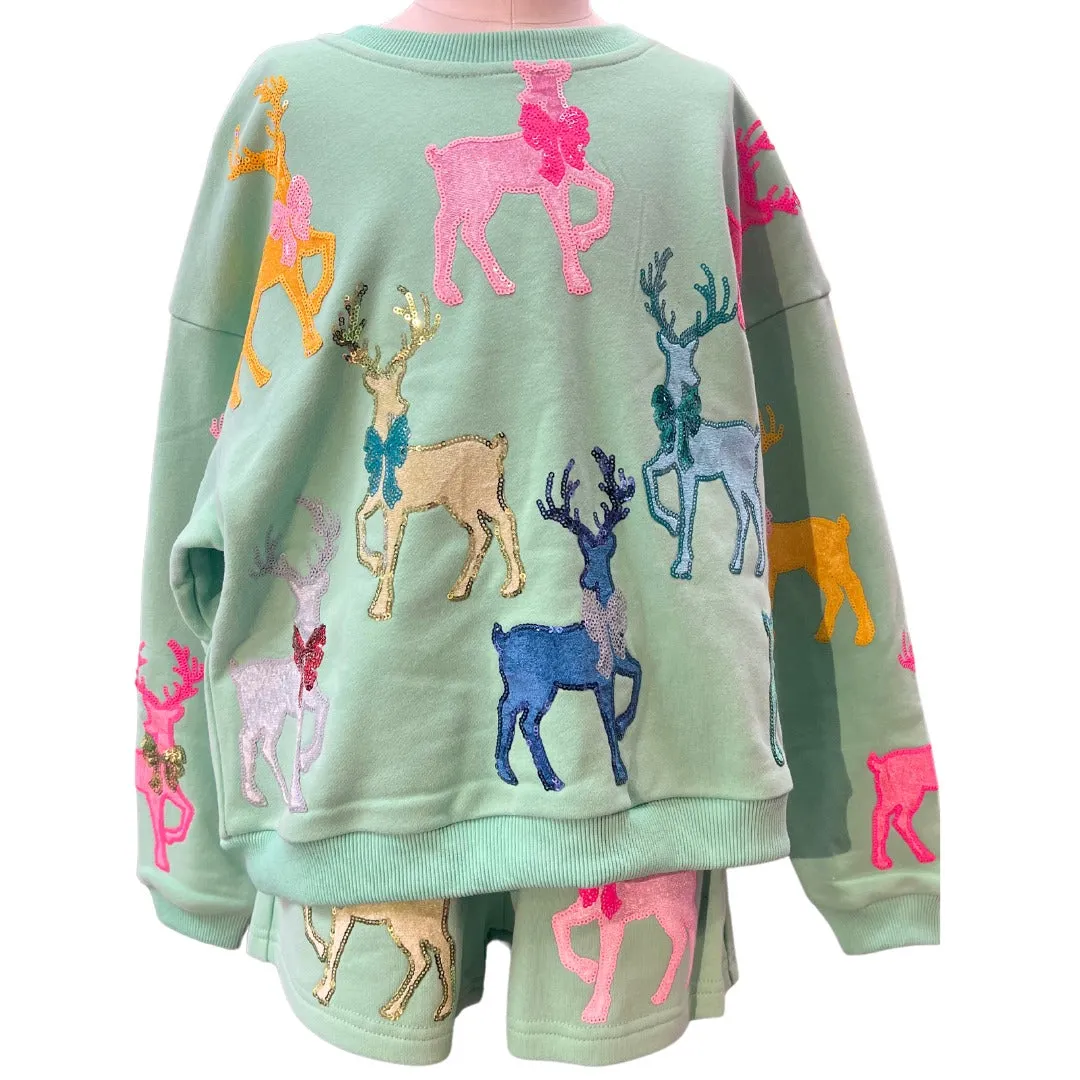 Queen of Sparkles KIDS Velvet Reindeer & Bows Sweatshirt - Mint Green